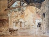 une photo d'un tableau représentant un bâtiment dans lequel se trouve une vache