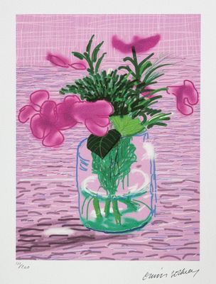 a painting of flowers in a glass vase on a table