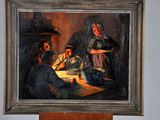 a picture of a painting of a family having dinner