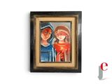 tableau représentant deux femmes en bleu et rouge, dans un cadre doré