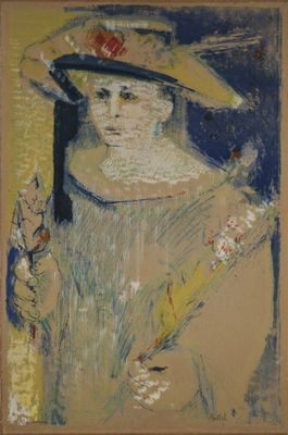 une image représentant un tableau où l'on voit une femme portant un chapeau et tenant une fleur