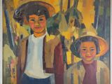 painting of two children with hats in front of a yellow background