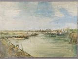 painting of a painting of a river with boats in the water