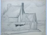 dessin représentant une maison devant laquelle se trouve un bateau