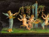 a painting of a group of angels playing music on a stage