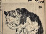 Estampe japonaise représentant un chat noir et blanc et une rose