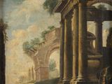 an image of a painting of a landscape with ruins and trees