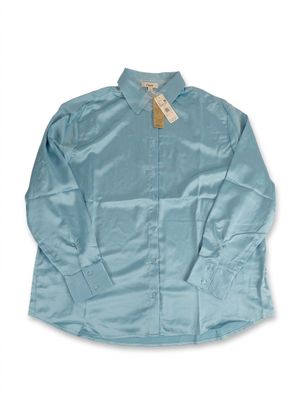 blue button up shirt with a tag on the collar