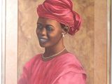 tableau représentant une femme portant un turban rose et un collier de perles