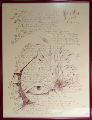 dessin représentant le visage d'un homme, avec un poème écrit à la main en arrière-plan