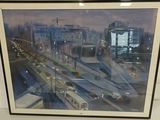 painting of a city scene with a bus and a bus on the road
