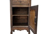 an old wooden cabinet with a door open on a white background