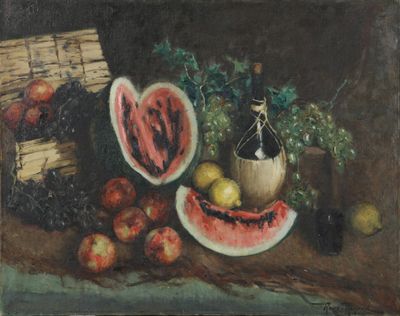 tableau représentant une nature morte composée de fruits et d'une bouteille de vin posés sur une table