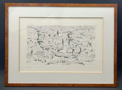 un dessin représentant un paysage urbain, encadré dans un cadre en bois