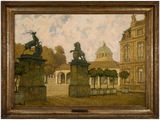 une image représentant un tableau sur lequel figure un bâtiment avec une statue devant