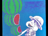 cartoon drawing of a boy in a hat holding a heart shaped balloon