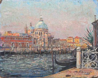 painting of a view of a canal with gondolas in the background