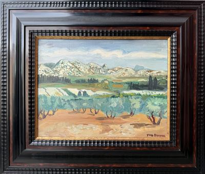 une peinture à l'huile d'un paysage avec des montagnes en arrière-plan