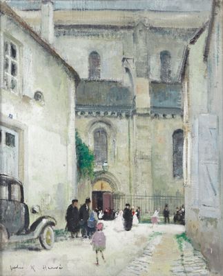 tableau représentant une scène de rue avec de vieilles voitures et des passants