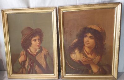 deux tableaux représentant une femme coiffée d'un chapeau et une femme en robe