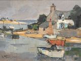 a painting of boats on the water in a harbor