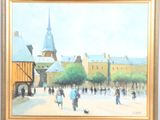 un tableau représentant des personnes marchant dans une rue, avec des bâtiments en arrière-plan