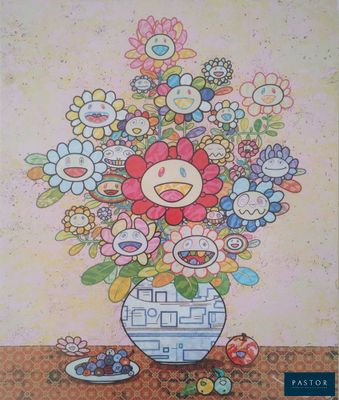 a picture of a painting of a vase with flowers in it
