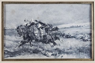 tableau représentant deux hommes à cheval dans un champ, avec le ciel en arrière-plan