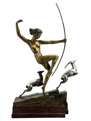 bronze statue of a man with a bow and a bird on a wooden base