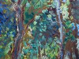 un tableau représentant une scène de forêt avec des arbres au premier plan