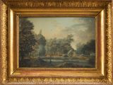 an image of a painting of a landscape with a river in the foreground and a castle in the distance
