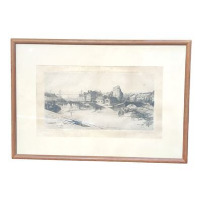 painting of a city scene with a bridge over a body of water