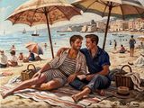 deux hommes assis sur la plage sous des parasols