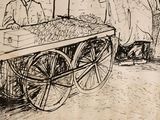 a drawing of a man selling fruit from a cart
