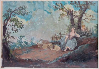 Ecole française du XVIIIe siècle. La Bergère épiée. Gouache …