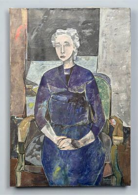 peinture d'une femme en robe bleue assise sur une chaise