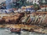 a watercolor painting of a boat on the water