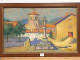 a picture of a painting on a shelf in a room