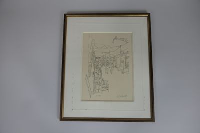 dessin encadré représentant une ville, dans un cadre doré