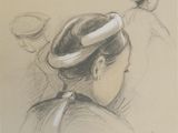 dessin représentant une femme coiffée d'un chapeau, regardant dans un miroir