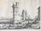 a drawing of a castle with a clock tower in the middle of it