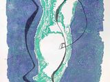 un dessin représentant un vase vert sur fond bleu