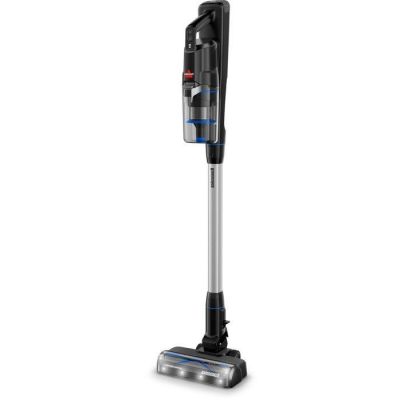 un aspirateur noir et argenté sur fond blanc