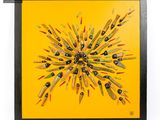 tableau représentant des crayons disposés en forme de rayons de soleil sur un fond jaune