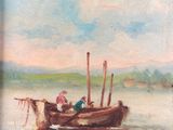 tableau représentant un bateau sur l'eau avec des personnes à bord