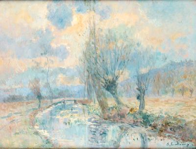 an image of a painting of a river with trees in the background