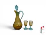 a glass pitcher and two glasses sitting next to each other