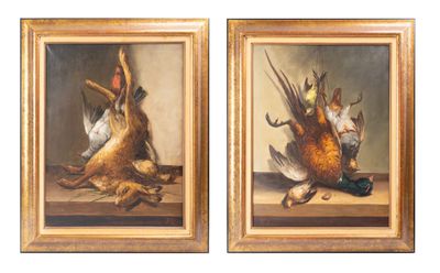 pair of oil paintings of pheasants and pheasants on a table