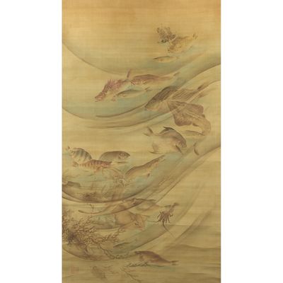 an oriental painting of birds and fish swimming in a river