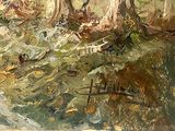 une peinture représentant un bateau sur l'eau, près de quelques arbres